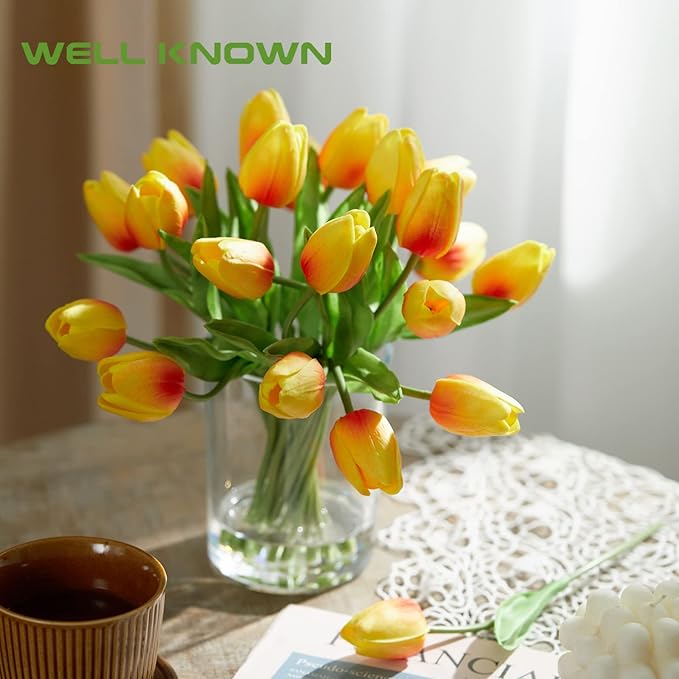 WELL KNOWN 20 Pcs Tulips Artificial Flowers in Vase with Faux Water, Faux Tulips Real Touch, Floral Arrangements Artificial with Vase Centerpiece for Bathroom Home Decoration Orange