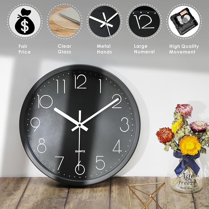 Plumeet 10'' Wall Clock, Bedroom Wall Clocks Battery Operated, Silent Quartz Small Clock Decorate Kitchen Living Room, 3D Numbers Display Easy to Read, Black