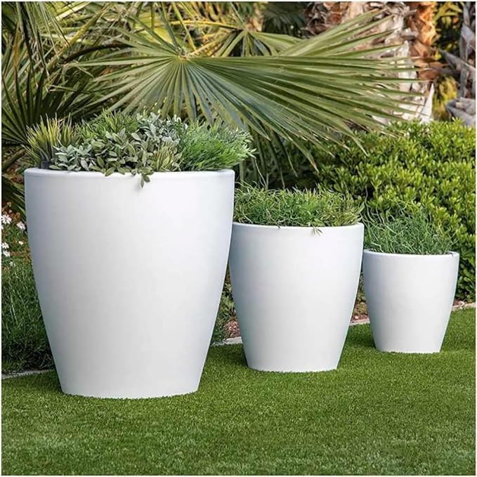 Elly Décor 12 inch Planter for Garden with Drainage, Large Round, Lightweight & Extremely Durable, Deck Indoor/Outdoor Plastic Pot, 12"x12"x7", White