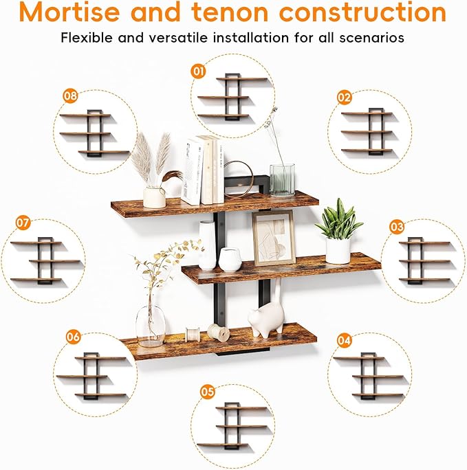 Homode Floating Shelves for Wall, Wood Wall Shelves for Bathroom, 3 Tier Shelves for Wall Decor, Decorative Hanging Storage Shelf for Bedroom Kitchen Living Room, Rustic Brown and Black