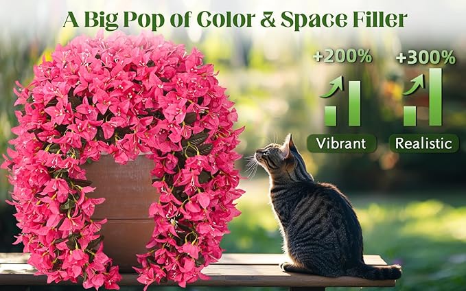 2Pcs UV Resistant Artificial Flowers for Outdoors, Realistic Faux Silk Bougainvillea Flowers, Fake Hanging Plants for Porch Patio Balcony Decoration (Rose Red)