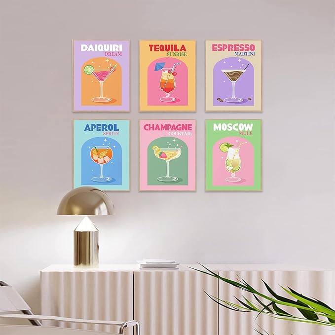 Cocktail Mixology Wall Art Print, Cute Colorful Liquor Drink Alcohol Bar Wall Art for Home Bar Decor, Cocktail Poster Aesthetic for Girls Party Apartment Dorm Kitchen Bar Decoration, Funky Trendy