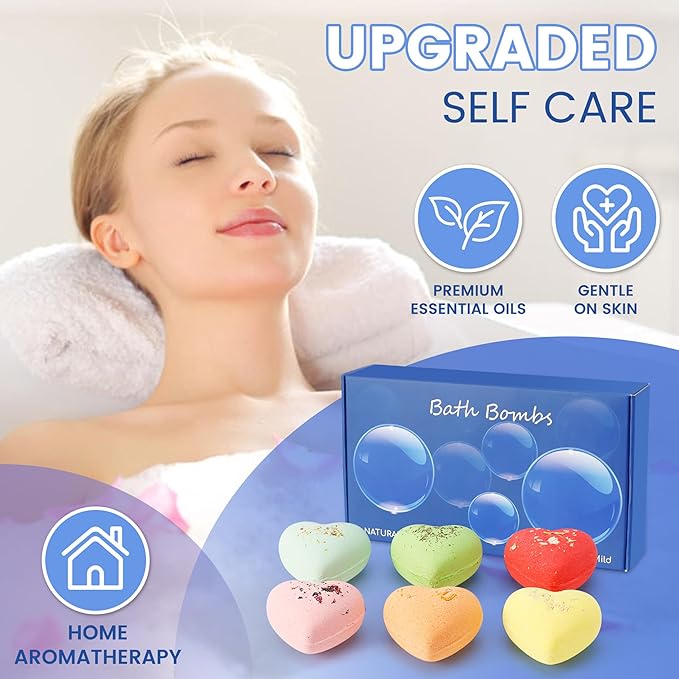 Heart-shaped Bath Bombs Gift Set Handmade Natural Bath Bomb for Women Floating Bubble with Pure Essential Oil for Self Care & SPA Relaxation, Birthday Mothers Day Valentines Christmas Gifts Girlfriend