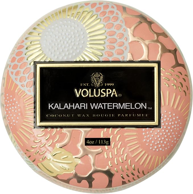 Voluspa Kalahari Watermelon, Mini Tin Candle, 4 oz, 25 Hour Burn Time, Coconut Wax Candle for The Home, Handcrafted in The USA