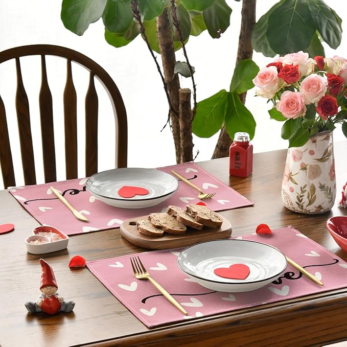 Artoid Mode Pink Love Hearts Placemats Set of 4, 12x18 Inch Seasonal Table Mats for Party Kitchen Dining Decoration
