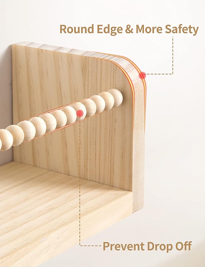 Nursery Floating Shelves for Wall, Set of 3 Book Shelves Natural Wood Wall Mounted Organizer with Towel Bar Hanging Bookshelves Nursery Decor for Kids Room, Bedroom and Kitchen