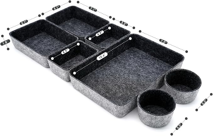Welaxy Drawer organizer felt trays desk storage bins dividers small drawers organizing box for office supplies interior cozy decor catchall entryway key holder 7-piece back to school (Charcoal)