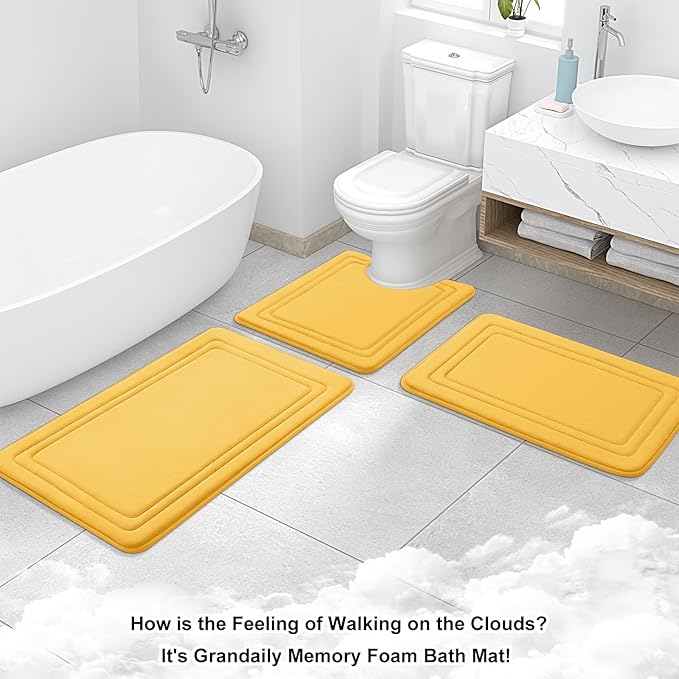 Grandaily Memory Foam Bath Mat Rug 30x20, Ultra Soft, Non-Slip and Absorbent Bathroom Rugs, Machine Wash Dry, Comfortable Bath Carpet for Bathroom Floor, Tub and Shower, Yellow