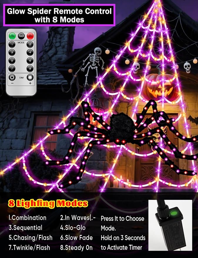 Spider Webs Halloween Decorations Lights - 450 LEDs Outdoor Halloween String Lights with 60" Light Up Spider,8 Modes Remote Control 16.4Ft Spiderweb,Waterproof (New Orange-Purple Grid Luminous Net)