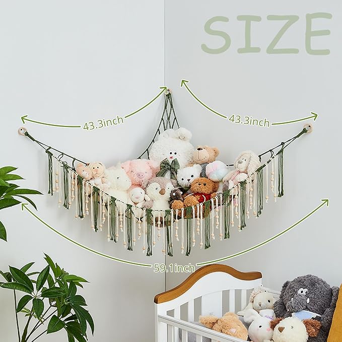 Pretty Jolly Stuffed Animal Storage Hammock with Wooden Beads Corner Hanging Net Boho Tassel for Toy Plush Holder for Kid Room Nursery Decor Wall Display Organizer for Girls Boy Gift(Avocado Green)