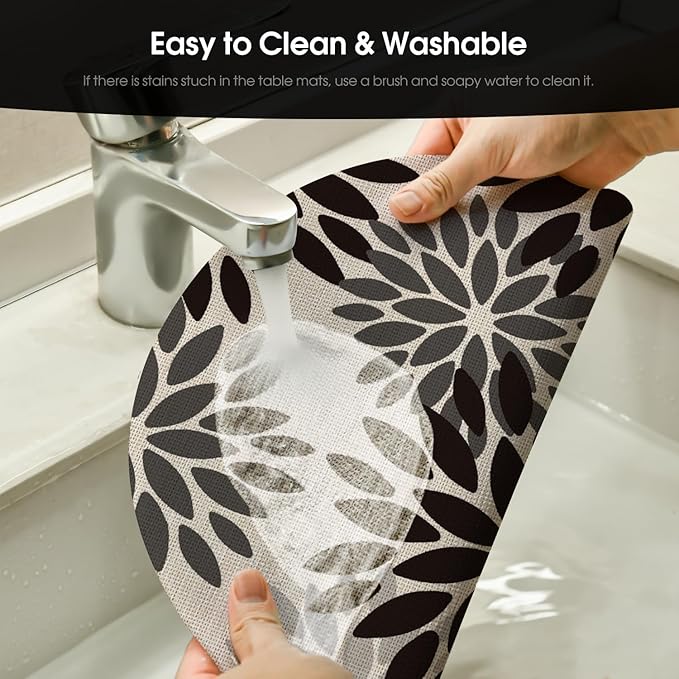 Artoid Mode Black Dahlia Plastic Round Placemats Set of 4, 14 Inch Seasonal Wipeable Woven Vinyl Table Mats for Farmhouse Party Kitchen Dining Decor