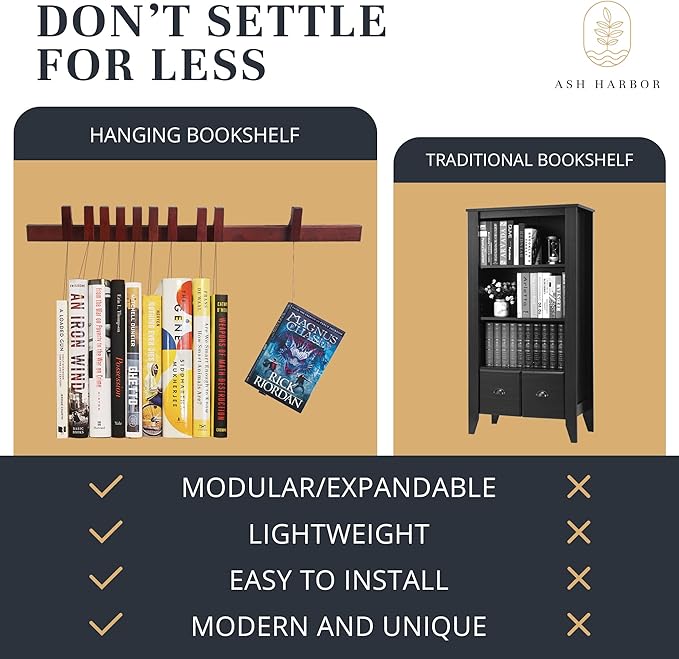Floating Wall Bookshelf - Wall Mounted Book Organizer with Included Bookmarks - Hardwood Hanging Bookshelf for Bedroom, Living Room, or Kitchen - A Thoughtful Gift for Book Lovers (Dark)