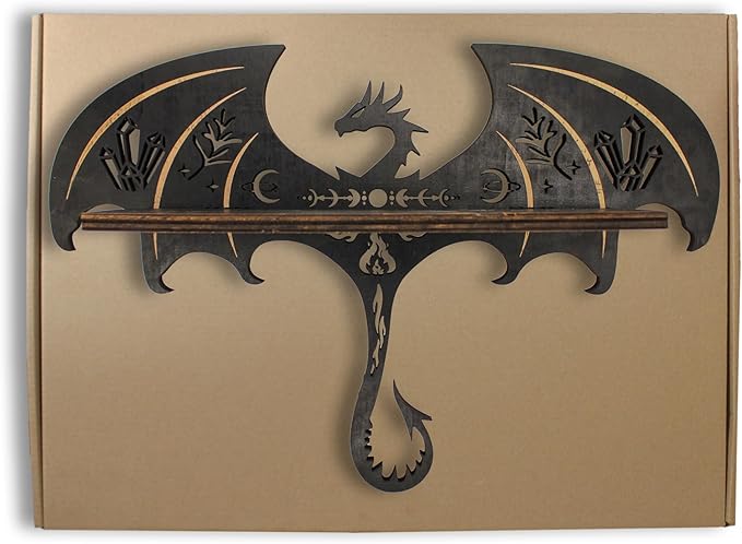 Gothic Evil Dragon Decor with LED Light Crystal Display Shelf for Wall, Wooden Witchy Shelf Rock Display Case Knick Knack Organizer Trinket Holder, Wall Hanging Shelves for Essential Oil & Nail Polish