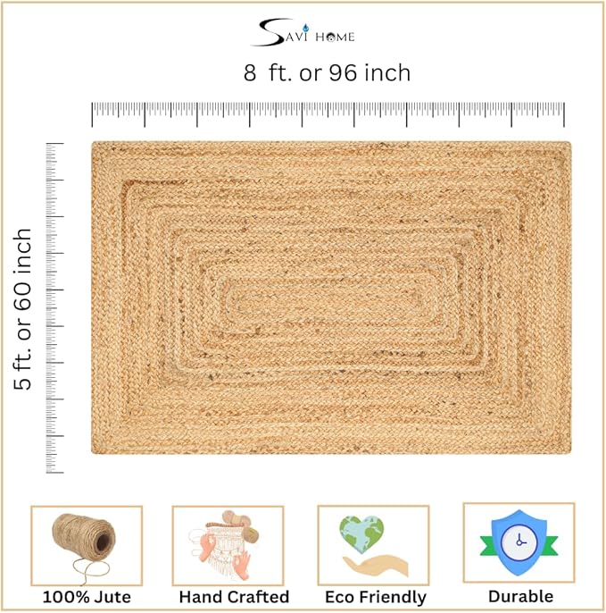 Hand Woven Farmhouse Jute Area Rug 5x8 Ft Round Natural Yarn, Rustic Vintage Beige Braided Reversible Rug, Eco Friendly Rugs for Bedroom, Kitchen, Living Room, Farmhouse 100% Jute Rug - Natural