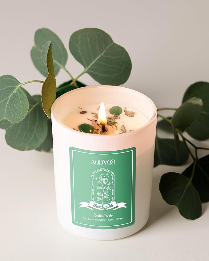 AOOVOO Eucalyptus Scented Candles for Women - Aromatherapy Candle with Crystals Inside, 7oz Soy Candles for Home Scented, Christmas Birthday Gifts Mothers Day Candle for Women Mom