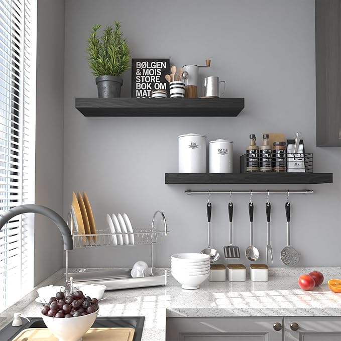 Floating Shelves for Wall- 17 Inch Natural Wood Black Shelves for Bathroom, Bedroom, Kitchen Decor, Farmhouse Decor Set of 2