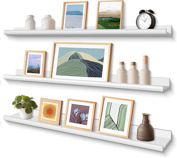Annecy Floating Shelves Set of 3, 47 Inch White Rustic Wood Shelves for Wall, Wall Storage Shelves with Guardrail Design for Bedroom, Bathroom, Kitchen, Office, 3 Different Sizes