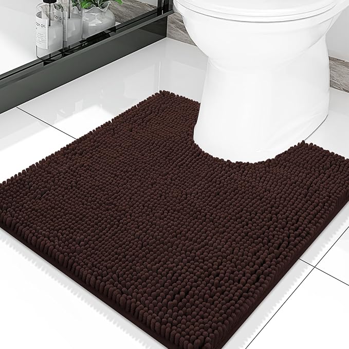 Smiry Luxury Chenille Toilet Rugs U-Shaped 20x20, Soft Absorbent Non-Slip Contour Bathroom Rugs for Toilet, Machine Washable Contoured Bath Mats, Brown