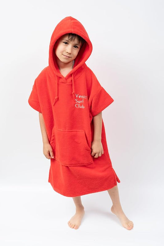 Cotton/Microfiber Kids Surf Poncho, Wetsuit Changing Towel Bath Robe with Hood and Pocket for Ages 3-7 and 8-12 (Coral Red, 3-7 Years)