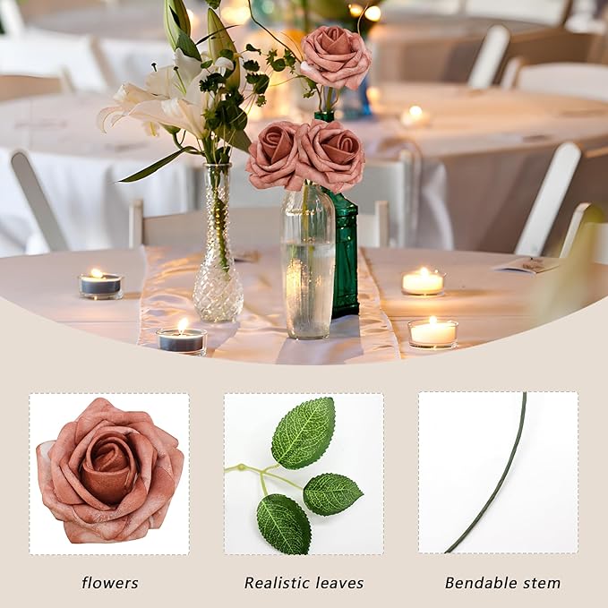 Artificial Flowers Warm Taupe Roses 50PCS Real Looking Foam Fake Roses with Leaves and for DIY Wedding Bouquets Bridal Shower Centerpieces Party Decorations (Warm Taupe)
