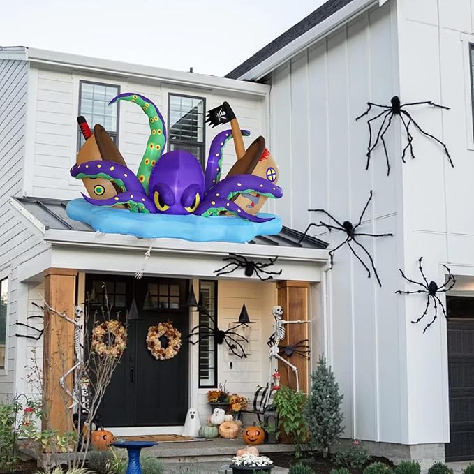 Juegoal Halloween Inflatable Lighted Giant Octopus Attacked Pirate Ship, 7.5FT Long Spooky Purple Octopus & Haunted Ship with Lights, Animated Halloween Yard Prop, Outdoor Garden Lawn Blow up Decor
