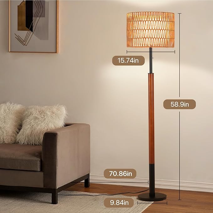 Boho Floor Lamps for Living Room, Rattan Floor Lamp with 3-Way Dimmable Bulb, Wood Floor Lamp with Rattan & Fabric Shades, Solid Wooden Pole Boho Standing Lamps, Large Floor Lamps for Bedroom Office