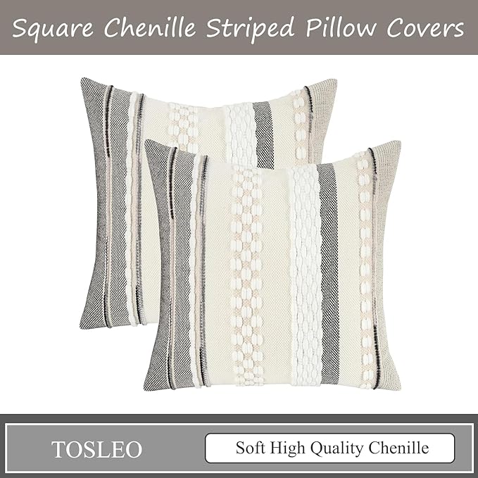Tosleo Boho Throw Pillow Covers 18x18 Set of 2 Striped Decorative Pillow Cases Accent Chenille Pillowcases Farmhouse Cushion Case Bohemian Nuetral Textured Pillow Cover,White