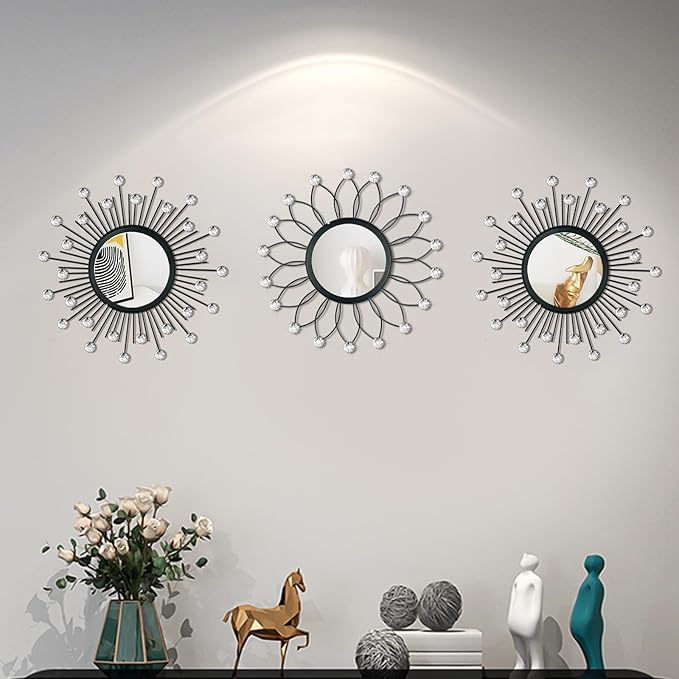 3 Pack Metal Mirrors for Wall Sunburst Wall Mirrors Home Décor Decorative Hanging Wall Art for Living Room Bedroom Entryway (Black Crystal, Flower+Sunburst)