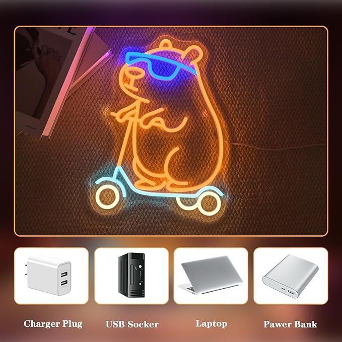 Cool Capybara Neon Sign Dimmable Cute Animal With Skateboard Led Signs for Wall Decor Cartoon Neon Night Sign for Bedroom Children's Room Party Holiday Birthday Decoration Capybara Fans Gifts