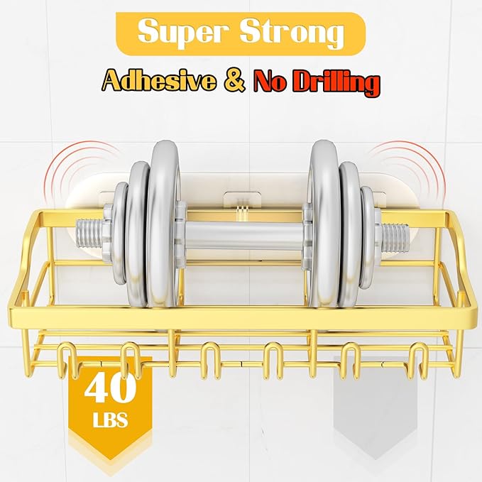 2 Pack Adhesive Shower Caddy, Rustproof Stainless Steel Shower Racks for Bathroom Organizers & Storage, Gold Wall Mounted Shower Shelves for Inside Shower Apartment Bathroom Essentials