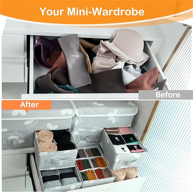Sock Underwear Drawer Divider - Closet Organizers and Dresser Organizer Wardrobe Clothes Box Storage Bins with Lid for Bra, Leggings, Shirt, Panty (1 Pack, Grey)