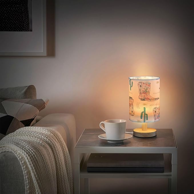 VIGTRO Table Lamp with USB Vintage Cow Girls Boot Bedroom Nightstand Lamps, Western Boho Wood Base LED Desk Light for Living Room, Office