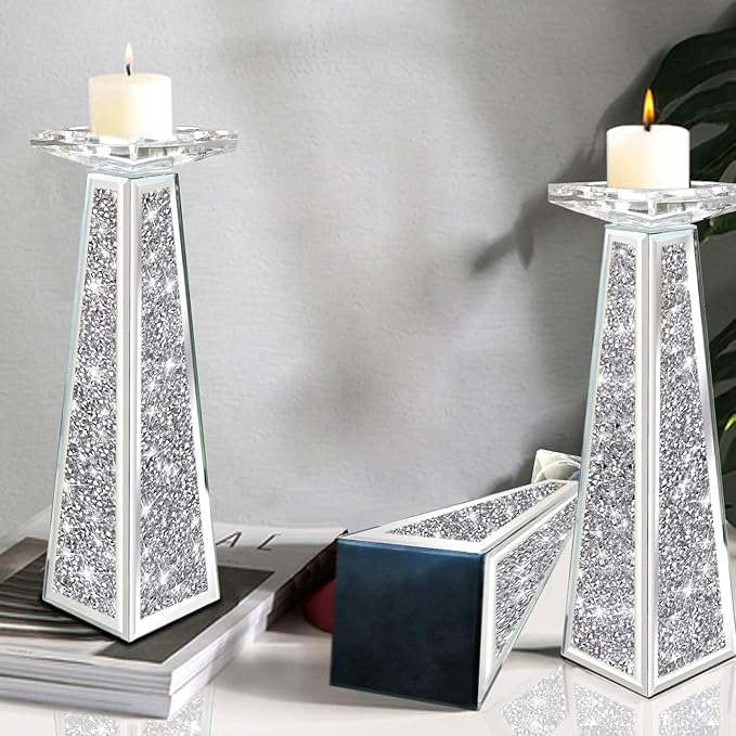 Wocred 2 Piece Candlestick Holders for Holding Pillar Candles, Crystal Crushed Diamond Candle Holders Set Decor for Dinning Room, Silver Glass Votive Candle Holders for Table Centerpiece(12”)