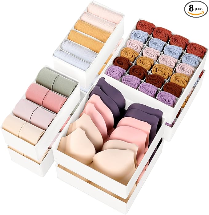 Criusia Underwear Sock Drawer Organizer Dividers 8 Set, Foldable Dresser Closet Organizers and Storage Bins for Baby Clothing, Sock, Underwear, Bra, Ties, Scarf (White)