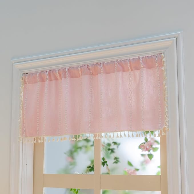 Sutuo Home Boho Valance Curtains for Road Tiers Windows, Bohemian Short Curtains Light Filtering French Country Tassels Window Treatment Embroidery Drape, Rod Pocket 1 Panel 52" W x 18" L, Pink