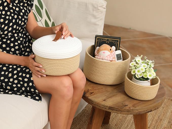 Cottonphant Set of 3 Stylish Round Woven Baskets with Lids - Elegant Storage Solution for Home Decor and Organization - Compact Shelf Baskets (Beige/White Lid, 10"x6"-8"x5"-6"x4")