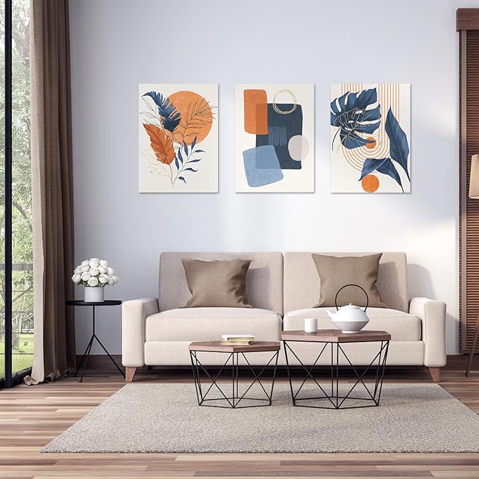 Boho wall art painting Set of 3, 12"x16" Mid Century Modern Wall Decor Framed Canvas Print Minimalist Wall Art Geometric Abstract Modern Neutral Boho Wall Art Decor for Living Room Bedroom Bathroom