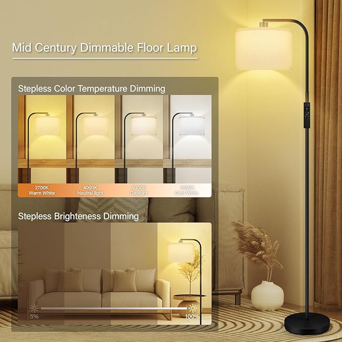 BoostArea Dimmable Floor Lamp for Living Room,Arc Sofa Lamps with Remote Control,Stepless Dimmable & Colors Temperature,2700k-6500k,67 in,Tall Modern Standing Lamp for Bedroom Study Room Office,White