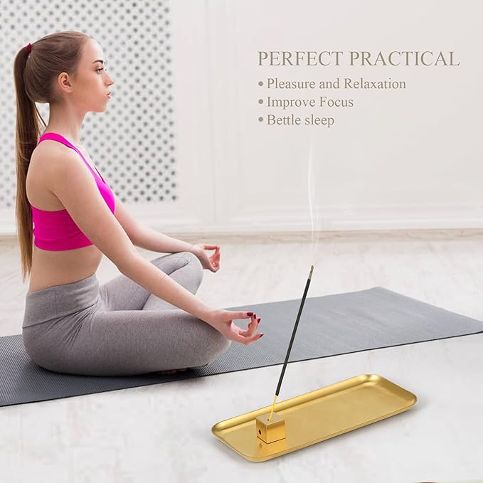 Brass Incense Holder with Tray Set,Block Incense Stick Holder for Multiple Angles, Incense Burner for Home Deco,Yoga and Relax Mood,6pcs