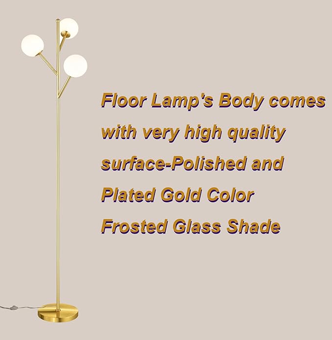 3-Globe Mid Century Tree Floor Lamp and Bulbs Included,70in Tall Standing Glod Floor Lamp with Frosted Glass Shade for Living Room Office Bedroom, Study Room, Hotel, Antique Brass Lighting