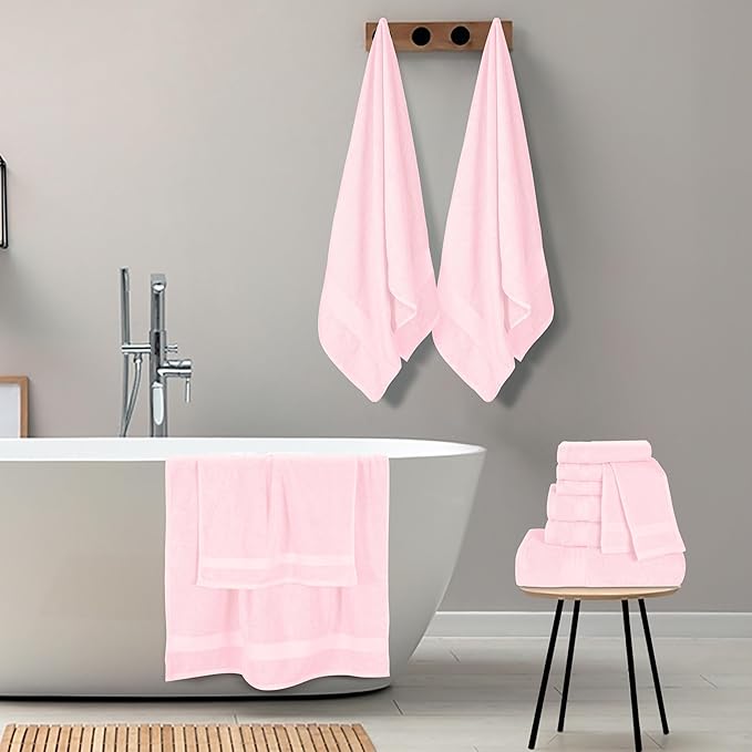 GLAMBURG Ultra Soft 24-Piece Towel Set - 100% Pure Ringspun Cotton, Contains 8 Oversized Bath Towels 27x54, 8 Hand Towels 16x28, 8 Wash Cloths 13x13 - Ideal for Everyday use, Hotel & Spa - Pink