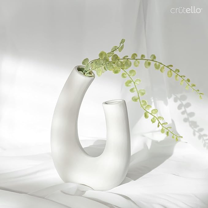 Crutello Minimalist White Ceramic U Style Vase - Set of 2 Modern Home Decor for Mantles, Bookshelves, Tables, Entryways
