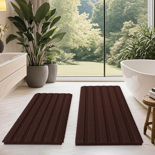 ACCUMTEK Striped Brown Bathroom Rug Mat Set 2 Piece 32"x20"+24"x17" Ultra Soft, Non Slip Chenille Bath Rugs, Absorbent Plush Shaggy Bath Mats for Bathroom, Bedroom, Kitchen, Shower, Tub
