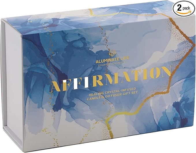 Luxury Candle & Diffuser Set, Affirmation - Blue Quartz, Sodalite, Clear Quartz Crystal Infused - Scents of Eucalyptus, Tobacco, Sequoia, & Musk - Empowerment, Confidence, Optimism