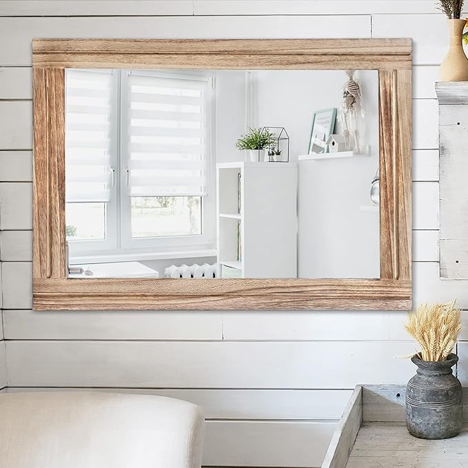 AAZZKANG Rustic Mirror for Wall with Rectangle Wood Framed Decorative Hanging Mirrorrs Large 26"x18"for Bedroom Bathroom Living Room Dressing Room