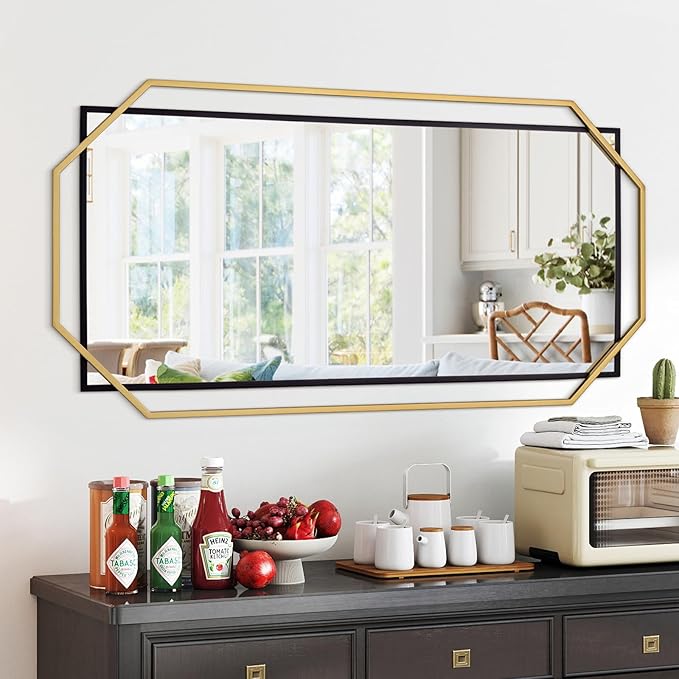 Black Large Decorative Vanity Wall Mirror with Gold Metal Frame, Modern Accent Horizontal Mirror for Living Room, Bedroom, Entryway (55"x28")