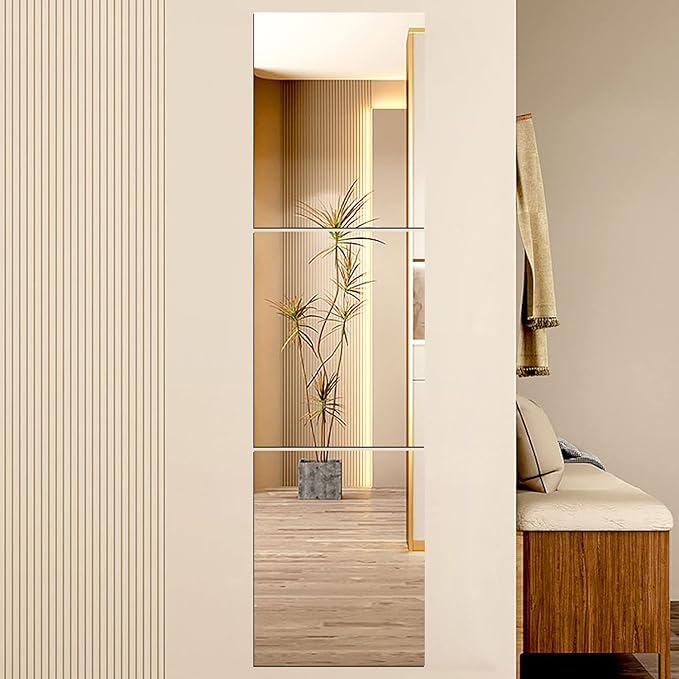 4Pcs Acrylic Mirror Sheets, 8"x12" Wall Mounted Mirror Tiles Self Adhesive Mirror Stickers Frameless Full Body Mirror Tiles for Wall Bedroom Bath Home Decor