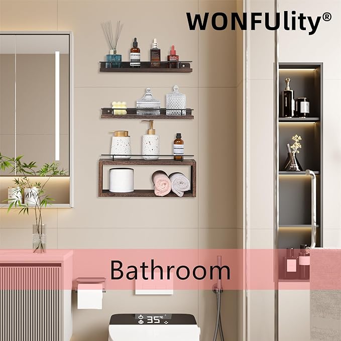 WONFUlity Bathroom Wall Shelves With Storage Basket, Over Toilet Paper Holder, Farmhouse Wood for Living Room, Bedroom, Kitchen, Wall Decor (2 Black)