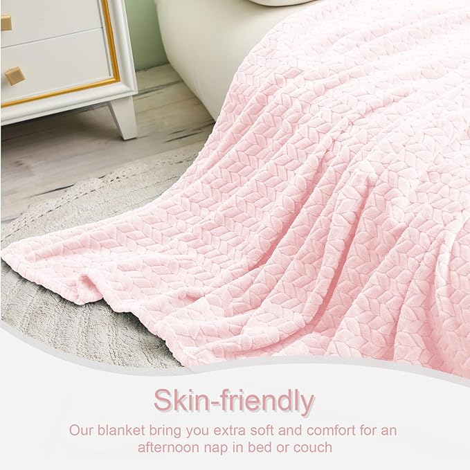 Exclusivo Mezcla Light Pink Fleece Throw Blanket for Couch and Bed, 50x70 Inches Soft Cozy Jacquard Flannel Blankets, Lightweight Fuzzy Plush Warm Throws for All Seasons