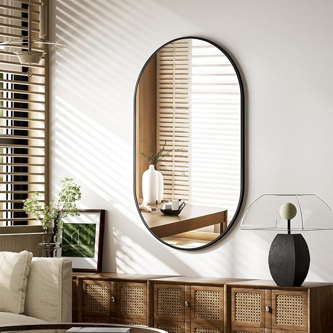 Black Oval Wall Mirror, 22x38 inch Oval Bathroom Mirror, Wall Mounted Vanity Mirror with Metal Framed, Tempered Glass and Reflective High Definition, Mounted Horizontally or Vertically